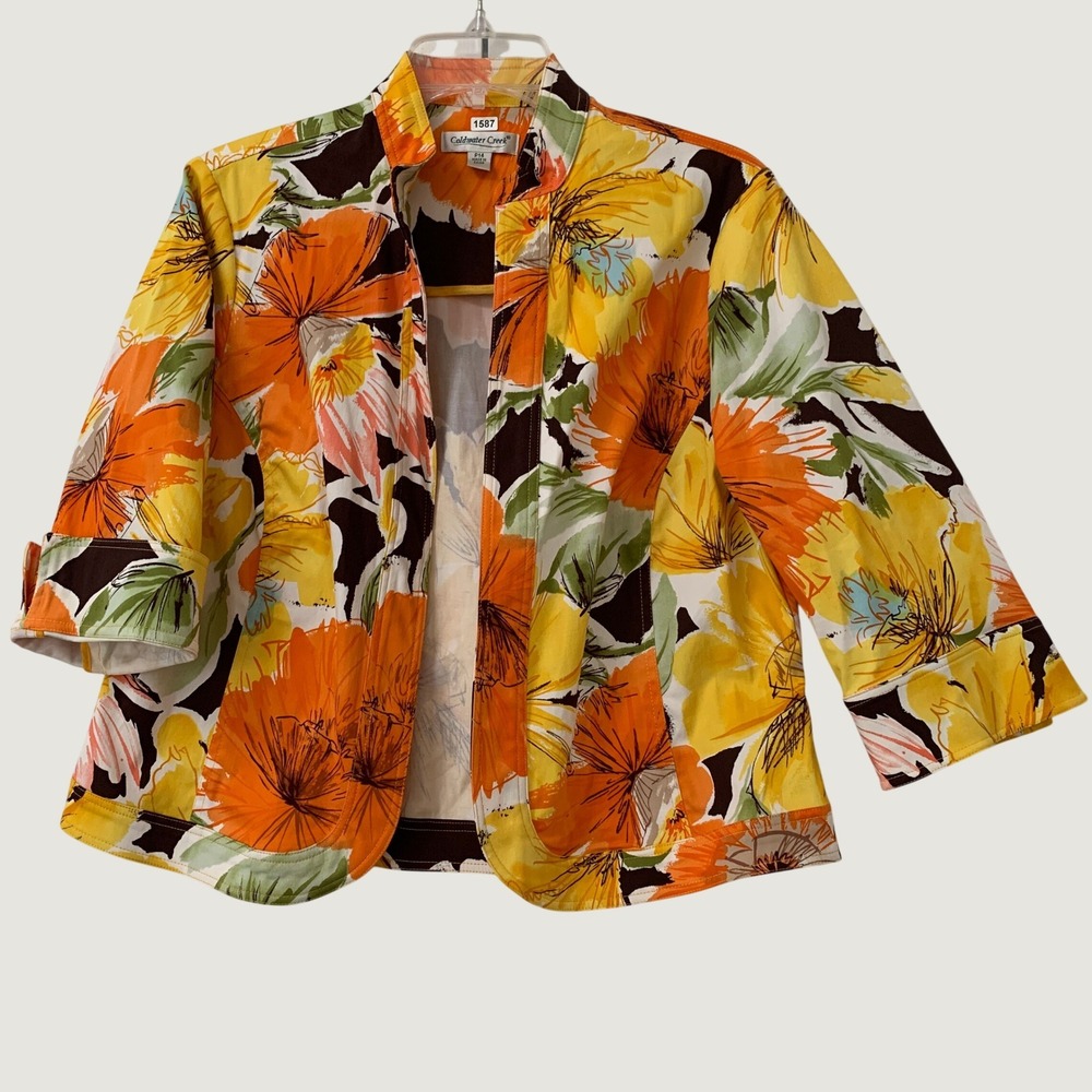 Coldwater Creek Floral Cropped Jacket Women Petites P14 Orange Yellow Open Front
